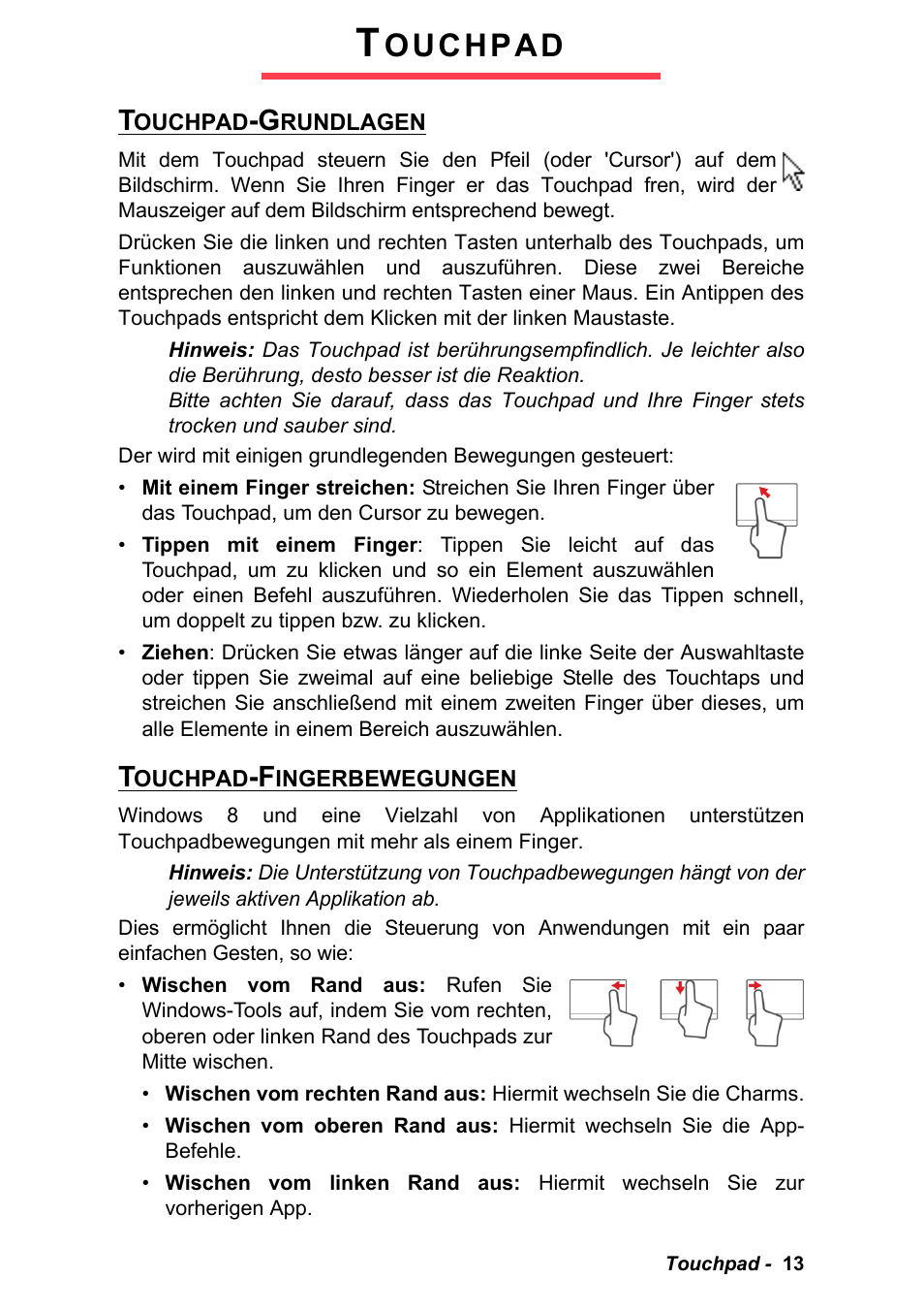 Touchpad, Touchpad-grundlagen, Touchpad-fingerbewegungen | Touchpad-grundlagen touchpad-fingerbewegungen, Ouchpad | PACKARD BELL EN LV11HC Quick Start Guide User Manual | Page 93 / 920