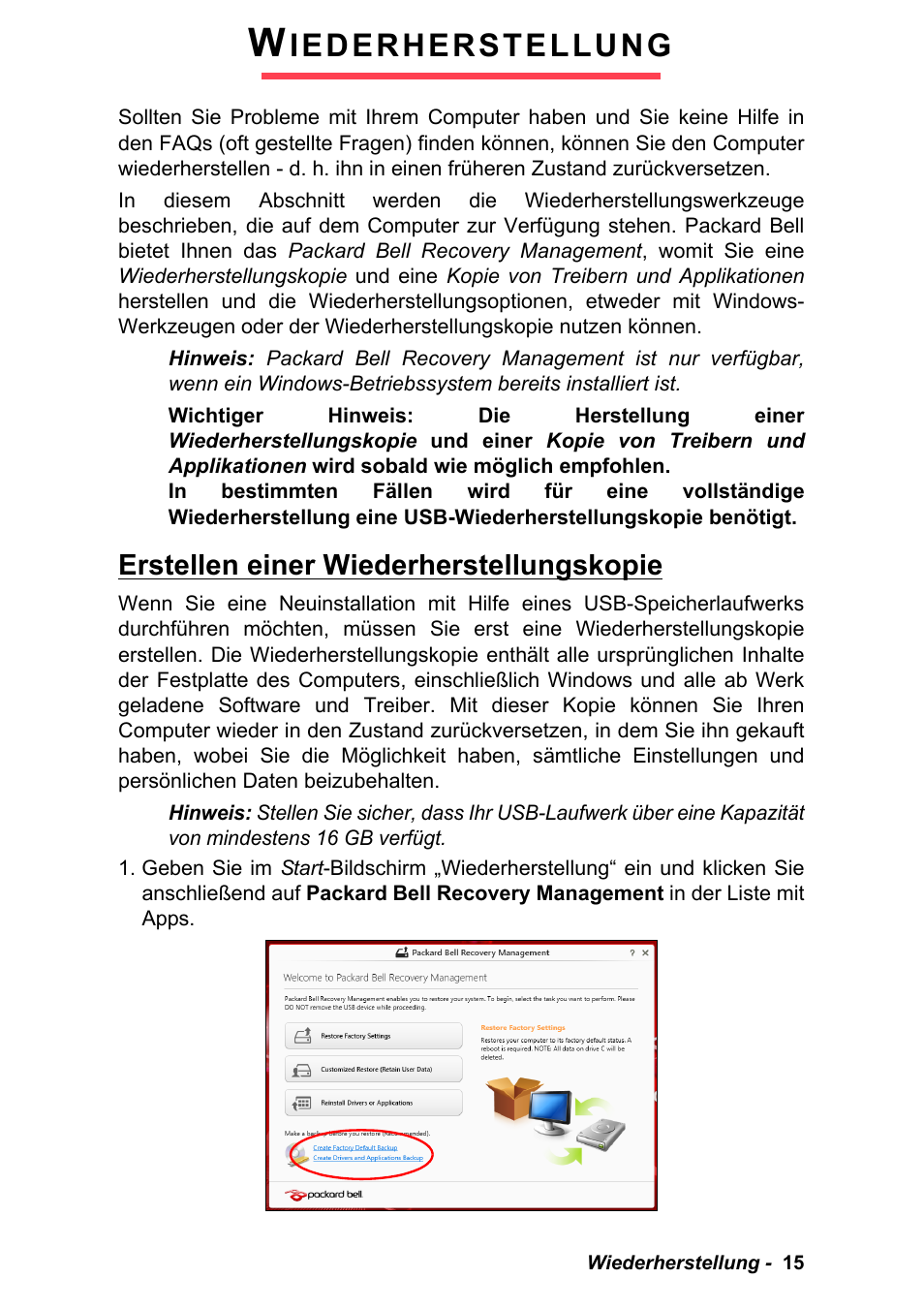 Wiederherstellung, Erstellen einer wiederherstellungskopie, Iederherstellung | PACKARD BELL EN LV11HC Quick Start Guide User Manual | Page 95 / 920