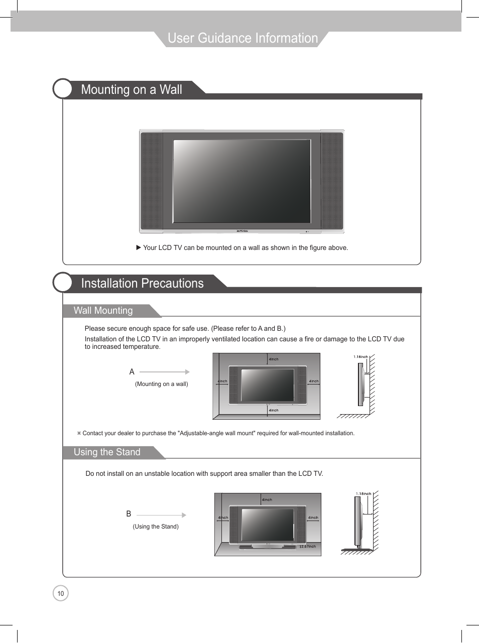 User guidance information, Installation precautions, Mounting on a wall | Daewoo DLP-2622 User Manual | Page 10 / 48