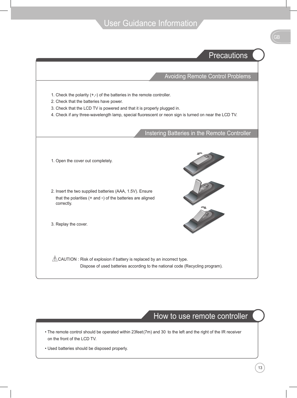 User guidance information, Precautions, How to use remote controller | Daewoo DLP-2622 User Manual | Page 13 / 48