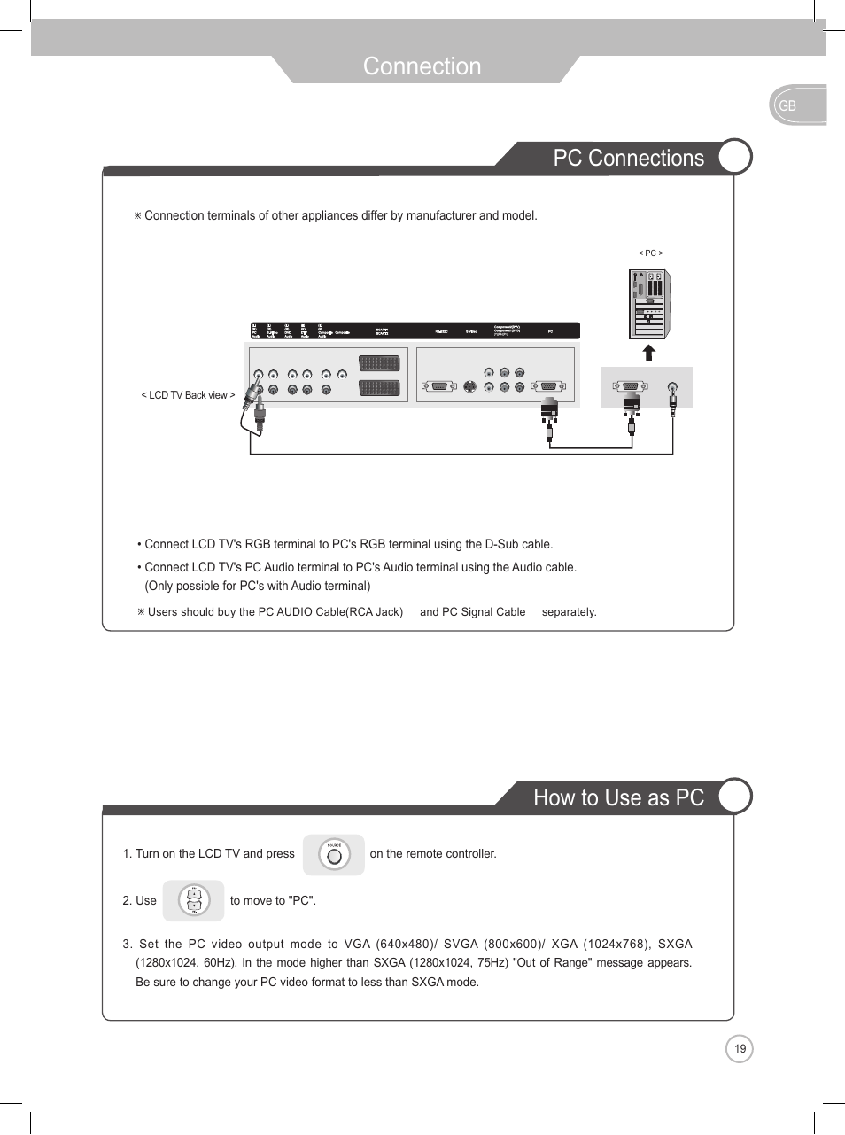 Connection, Pc connections, How to use as pc | Daewoo DLP-2622 User Manual | Page 19 / 48