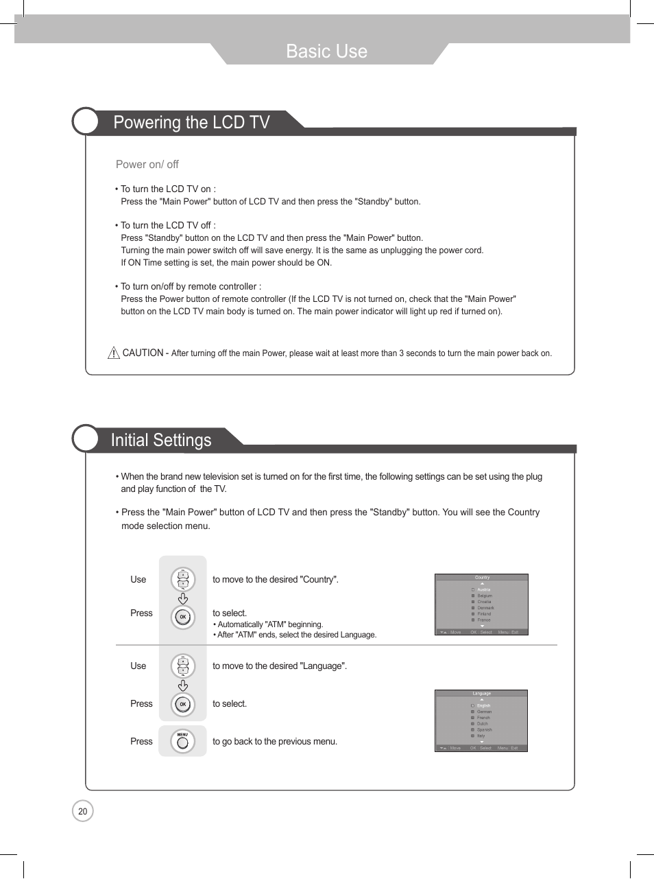 Basic use, Powering the lcd tv initial settings | Daewoo DLP-2622 User Manual | Page 20 / 48