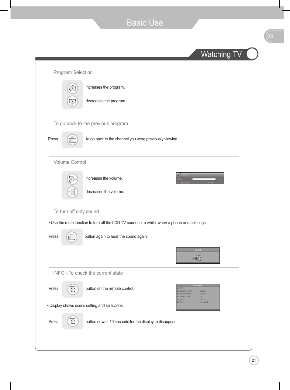 Basic use, Watching tv | Daewoo DLP-2622 User Manual | Page 21 / 48