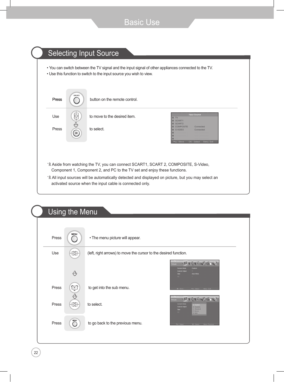 Basic use, Using the menu selecting input source | Daewoo DLP-2622 User Manual | Page 22 / 48