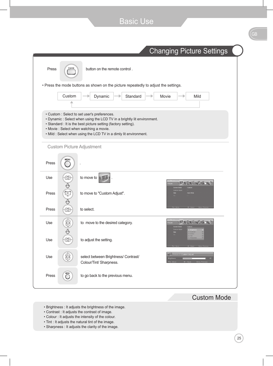 Basic use, Changing picture settings, Custom mode | Daewoo DLP-2622 User Manual | Page 25 / 48