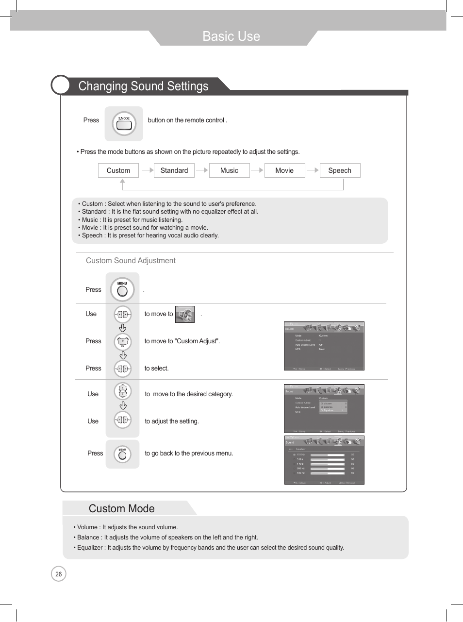 Basic use, Changing sound settings, Custom mode | Daewoo DLP-2622 User Manual | Page 26 / 48