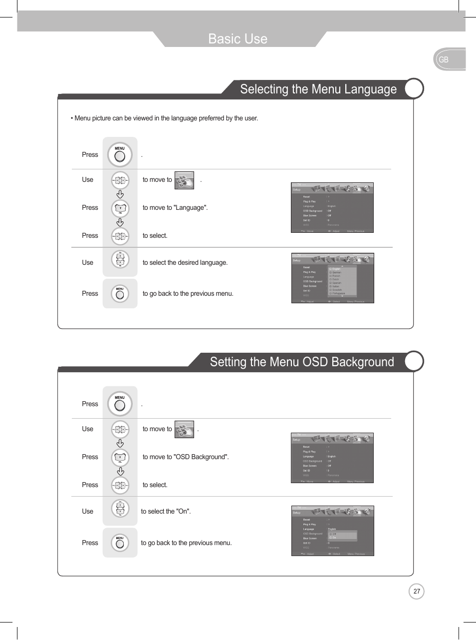 Basic use, Selecting the menu language, Setting the menu osd background | Daewoo DLP-2622 User Manual | Page 27 / 48