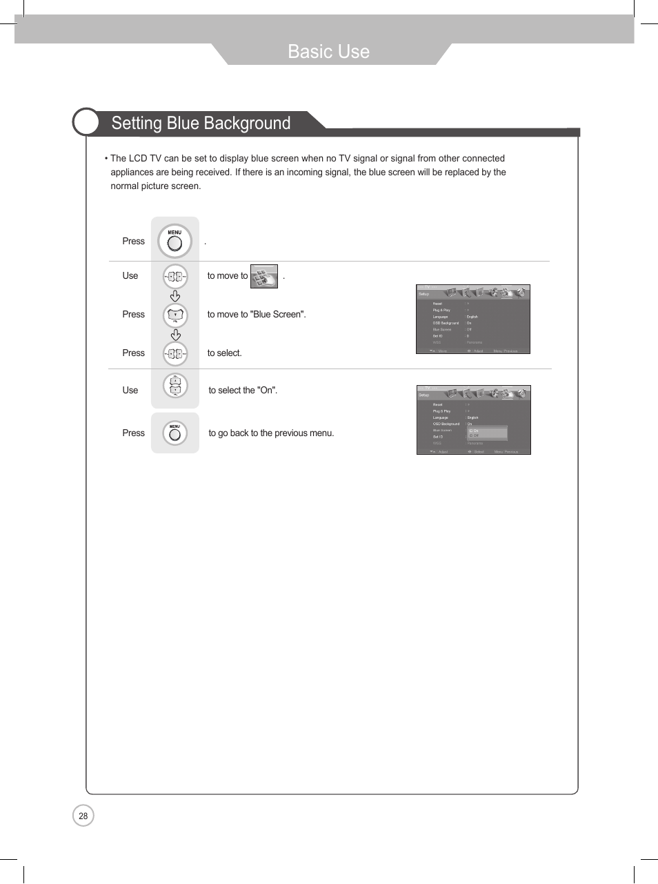 Basic use, Setting blue background | Daewoo DLP-2622 User Manual | Page 28 / 48