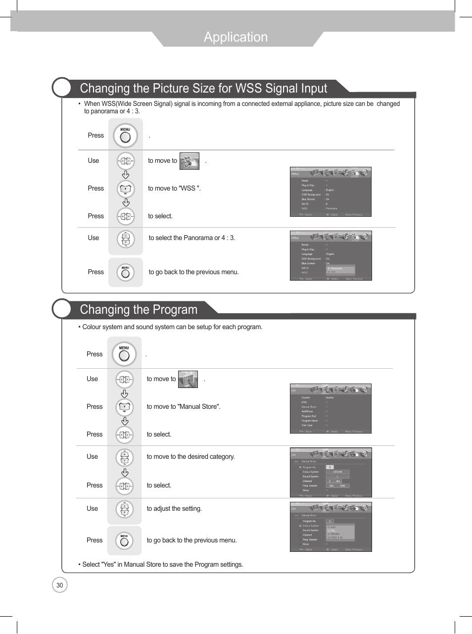 Application, Changing the picture size for wss signal input, Changing the program | Daewoo DLP-2622 User Manual | Page 30 / 48