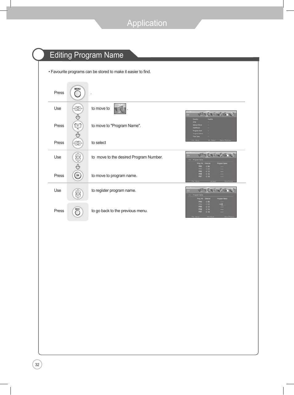 Application, Editing program name | Daewoo DLP-2622 User Manual | Page 32 / 48