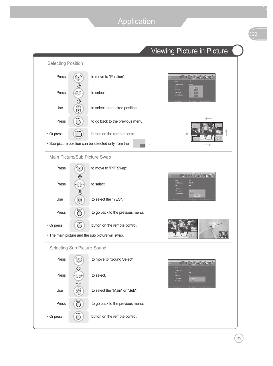 Application, Viewing picture in picture | Daewoo DLP-2622 User Manual | Page 35 / 48