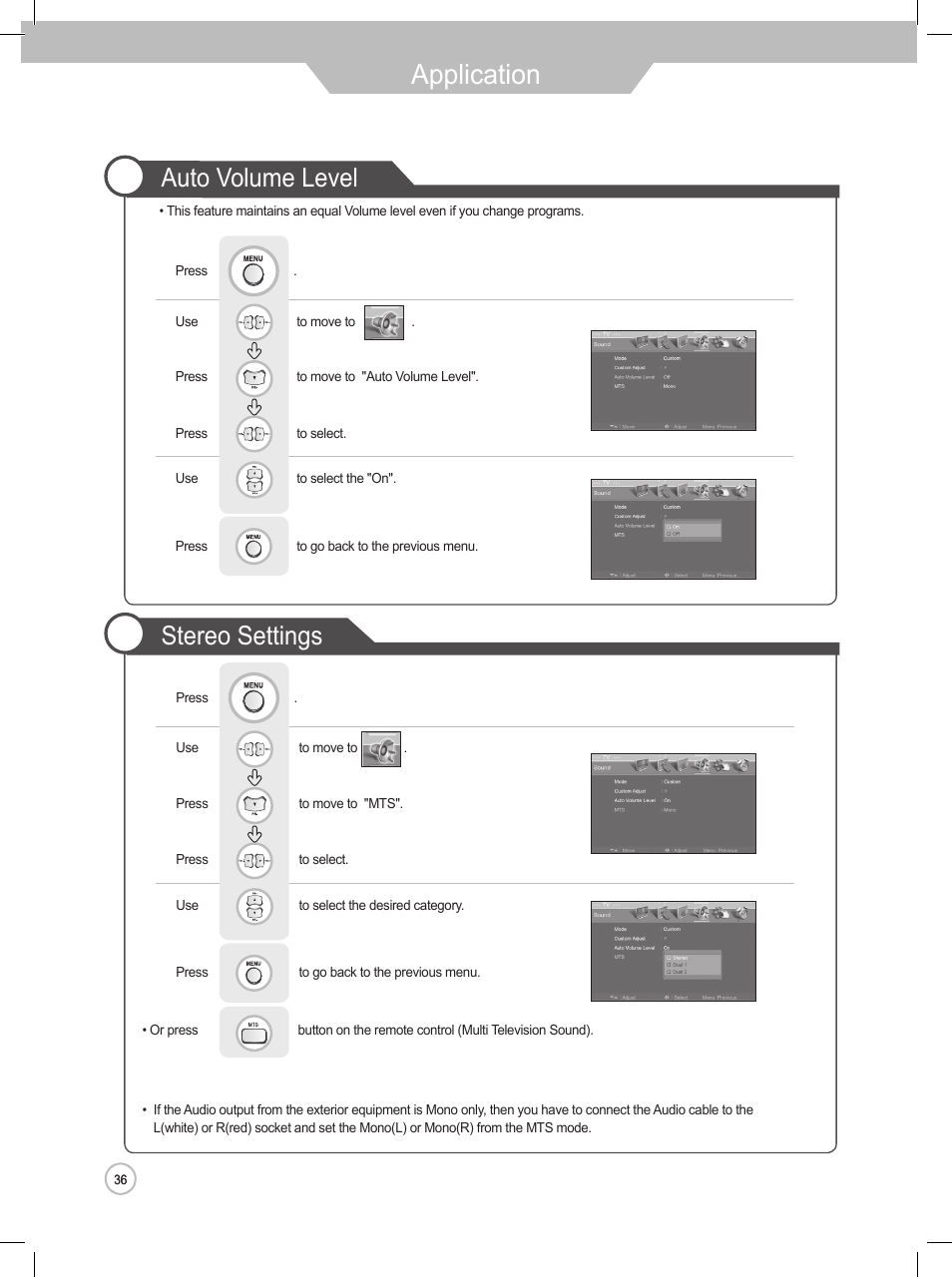 Application, Auto volume level stereo settings | Daewoo DLP-2622 User Manual | Page 36 / 48