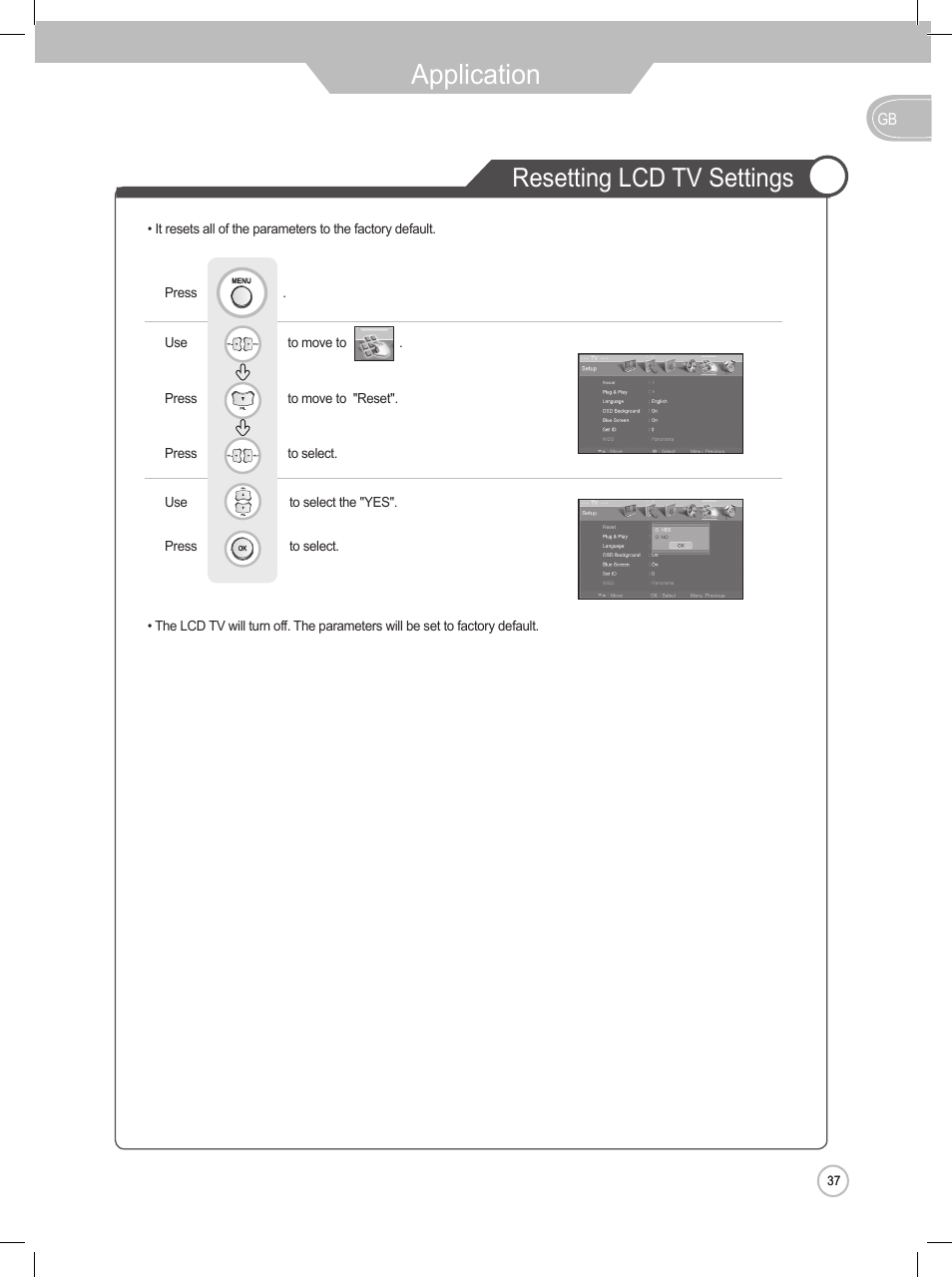 Application, Resetting lcd tv settings | Daewoo DLP-2622 User Manual | Page 37 / 48