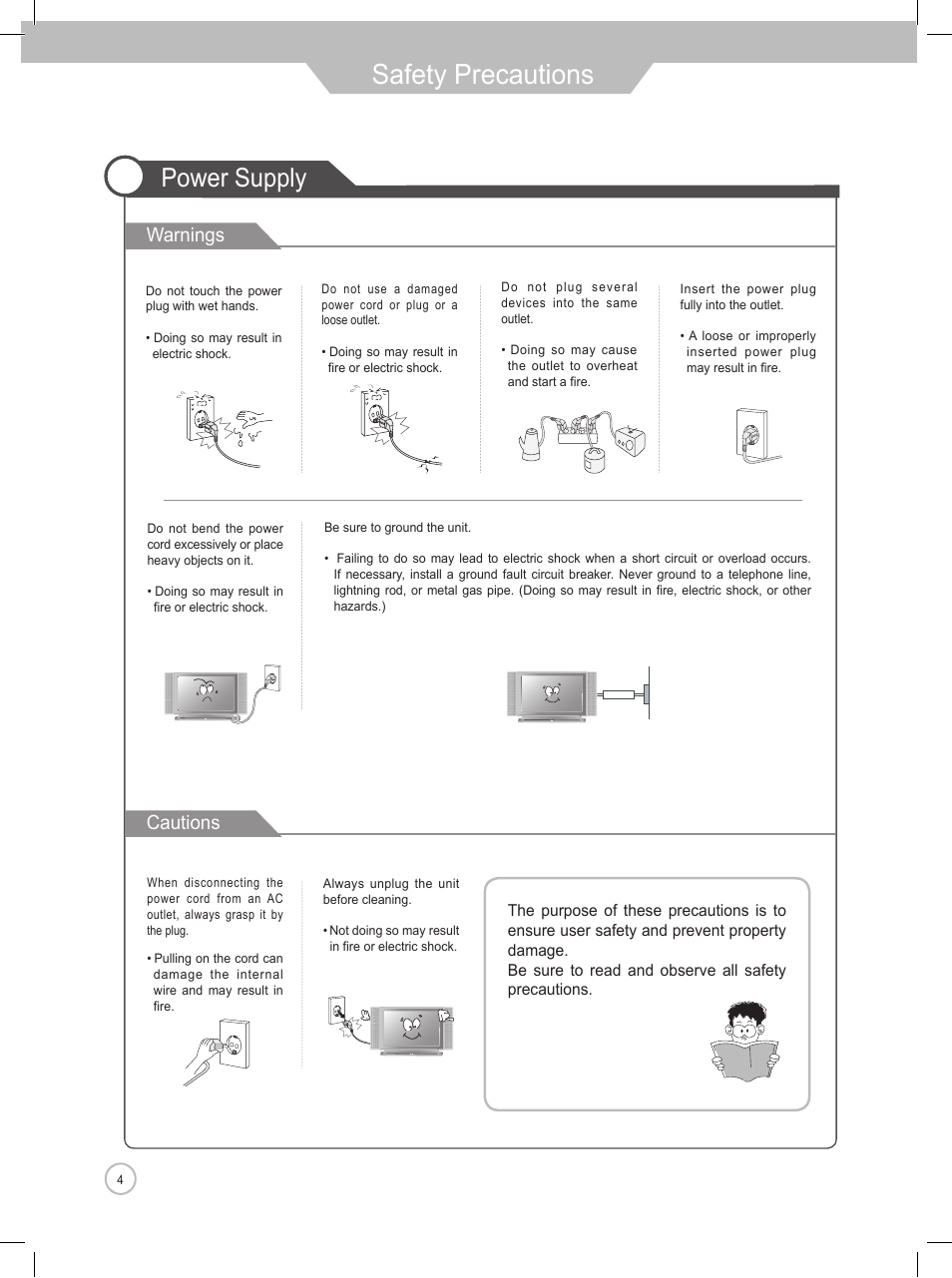 Safety precautions, Power supply, Warnings | Cautions | Daewoo DLP-2622 User Manual | Page 4 / 48