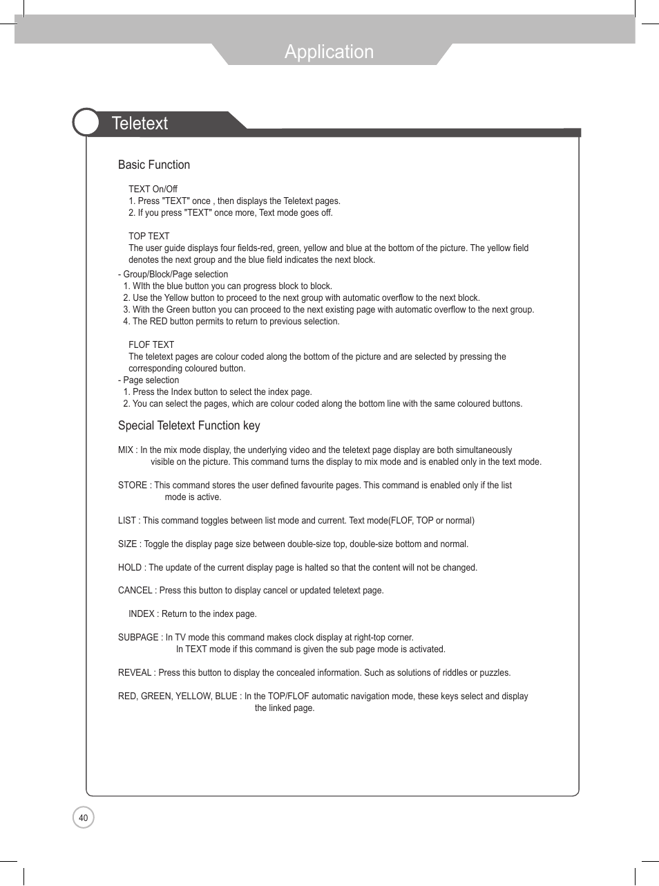 Application, Teletext, Basic function | Special teletext function key | Daewoo DLP-2622 User Manual | Page 40 / 48