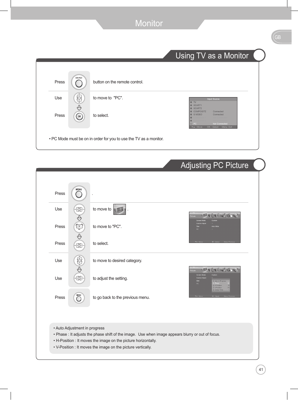 Monitor, Using tv as a monitor adjusting pc picture | Daewoo DLP-2622 User Manual | Page 41 / 48