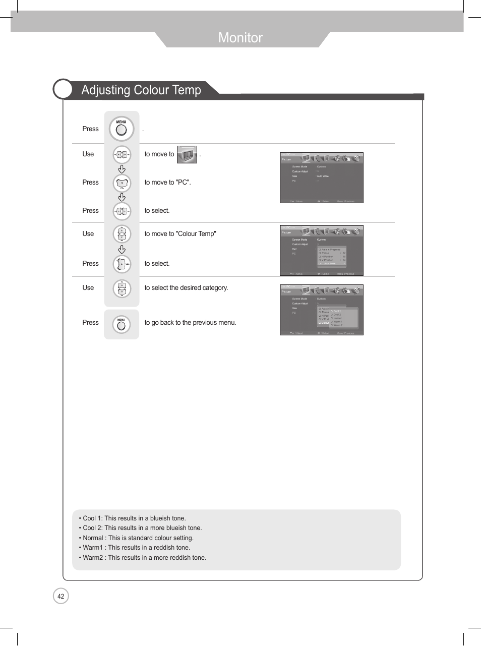 Monitor, Adjusting colour temp | Daewoo DLP-2622 User Manual | Page 42 / 48