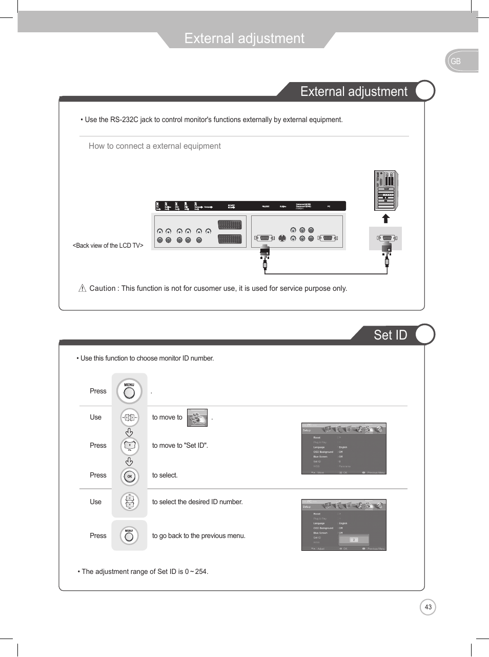 External adjustment, Set id | Daewoo DLP-2622 User Manual | Page 43 / 48