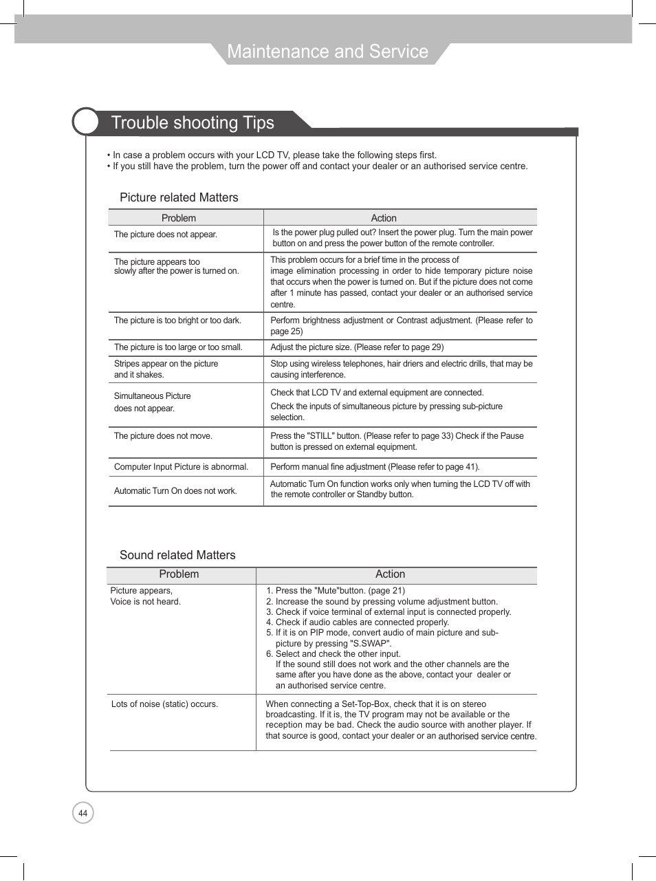 Maintenance and service, Trouble shooting tips, Sound related matters picture related matters | Daewoo DLP-2622 User Manual | Page 44 / 48