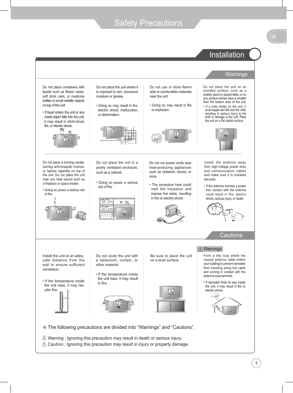 Safety precautions, Installation, Cautions | Warnings | Daewoo DLP-2622 User Manual | Page 5 / 48