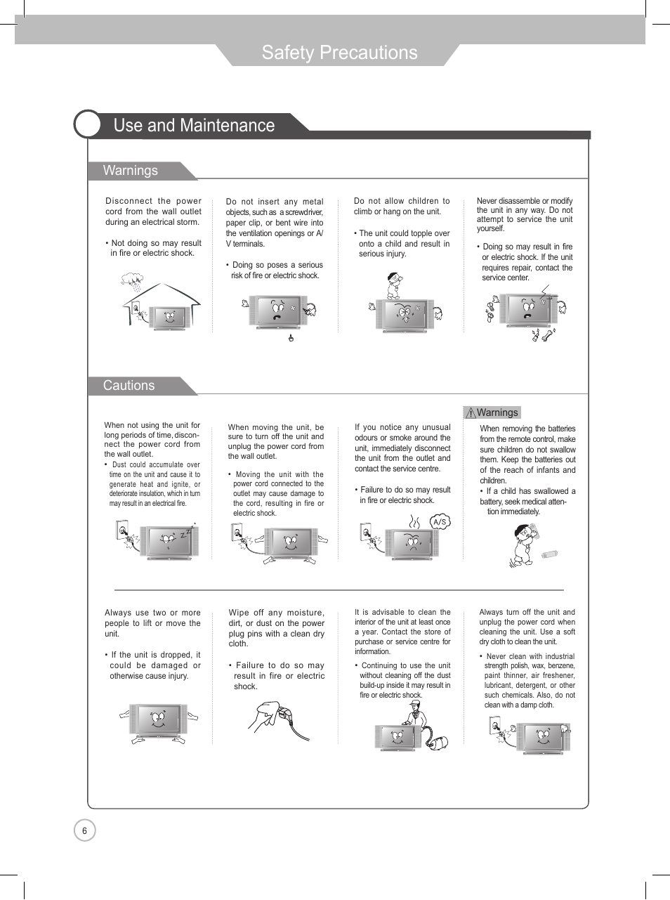 Safety precautions, Use and maintenance, Warnings cautions | Daewoo DLP-2622 User Manual | Page 6 / 48