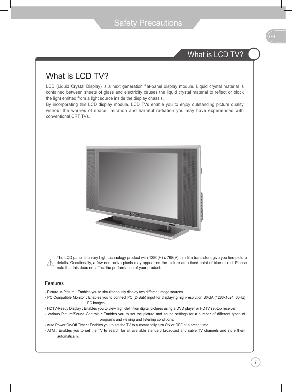 Safety precautions what is lcd tv, What is lcd tv | Daewoo DLP-2622 User Manual | Page 7 / 48