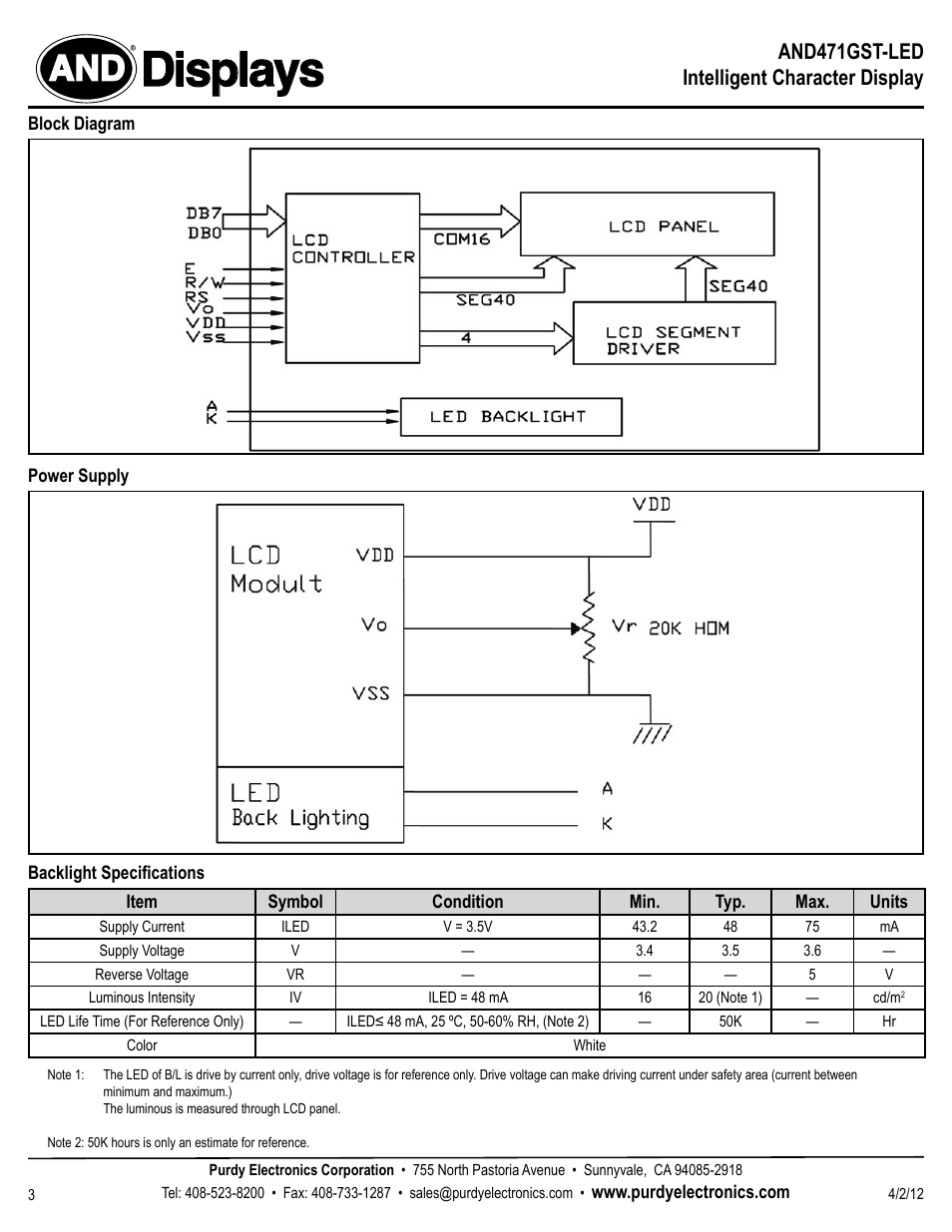 Displays, And471gst-led intelligent character display | Purdy AND471GST-LED User Manual | Page 3 / 4