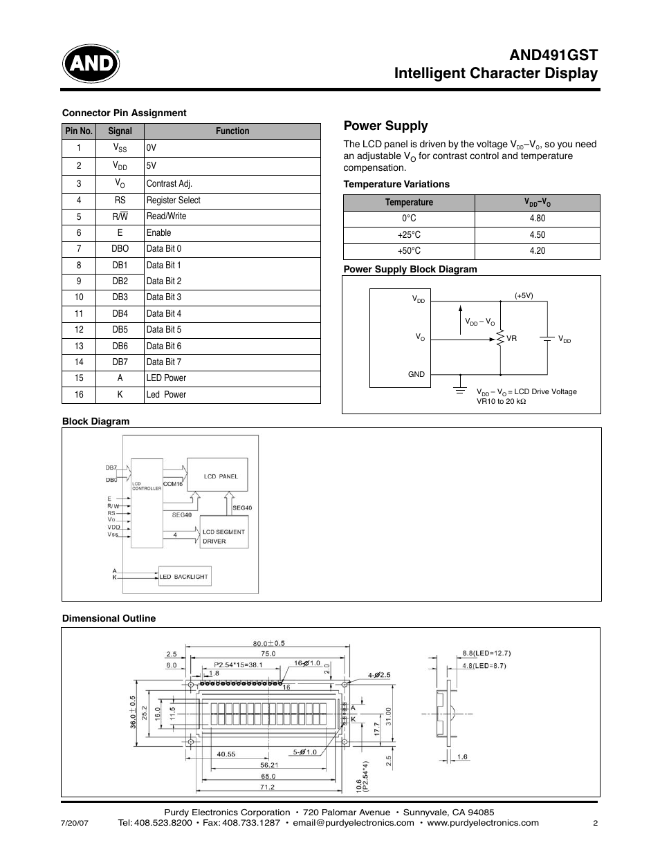Intelligent character display and491gst, Power supply | Purdy AND491GST User Manual | Page 2 / 2