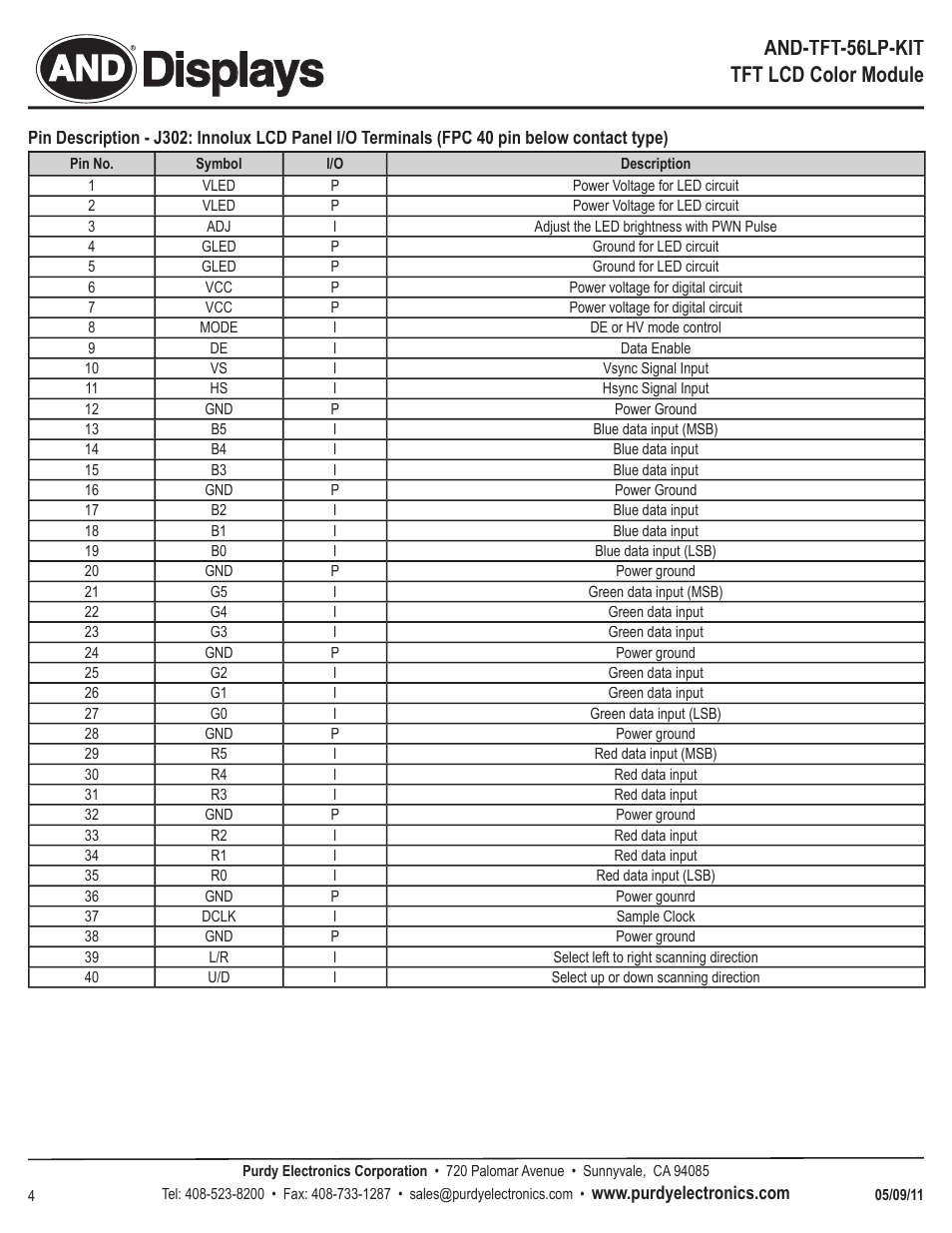 Displays, And-tft-56lp-kit tft lcd color module | Purdy AND-TFT-56LP-KIT User Manual | Page 4 / 6