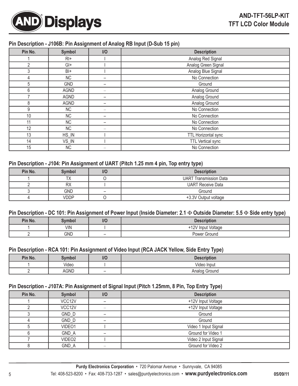 Displays, And-tft-56lp-kit tft lcd color module | Purdy AND-TFT-56LP-KIT User Manual | Page 5 / 6