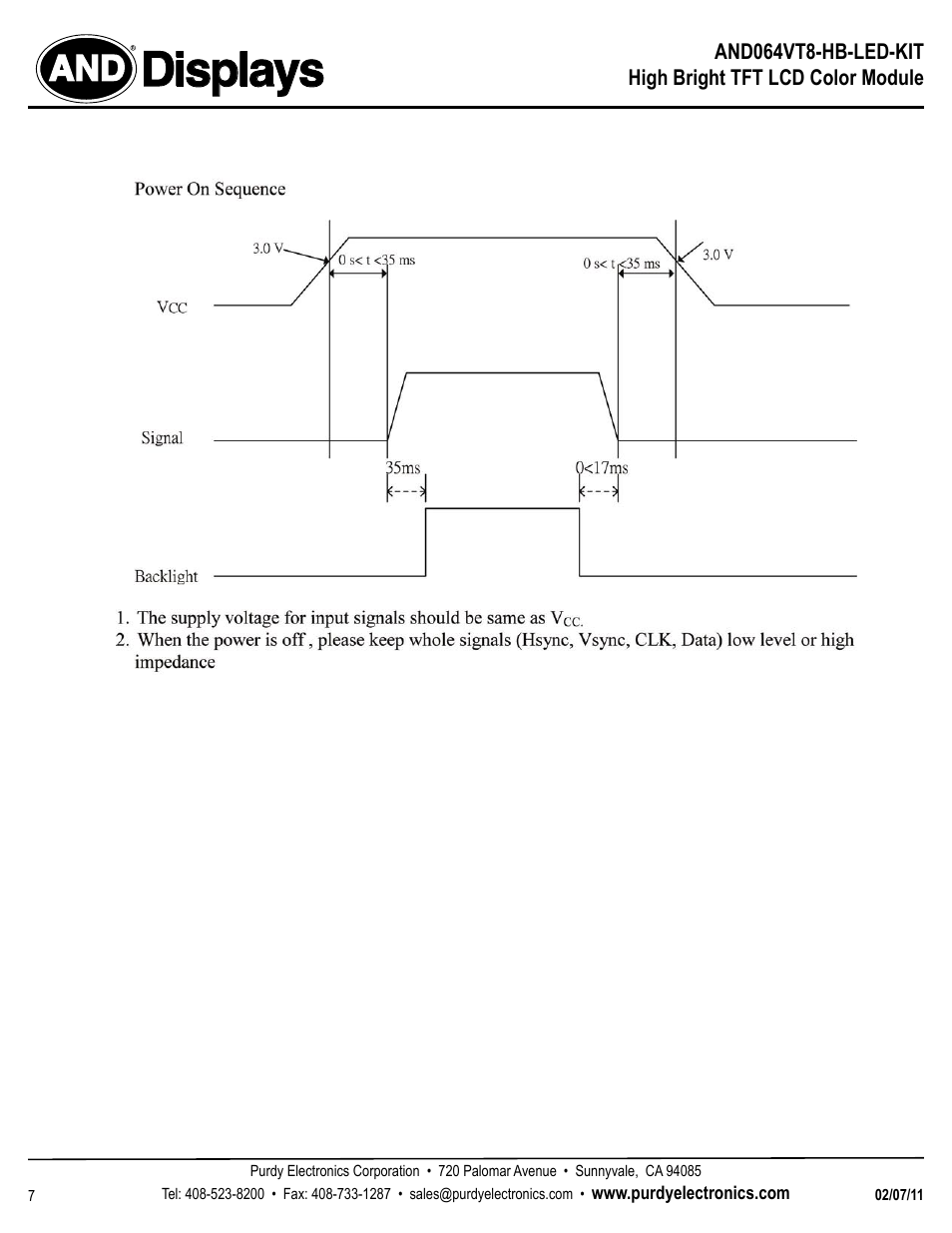 Displays | Purdy AND064VT8-HB-LED-KIT User Manual | Page 7 / 11