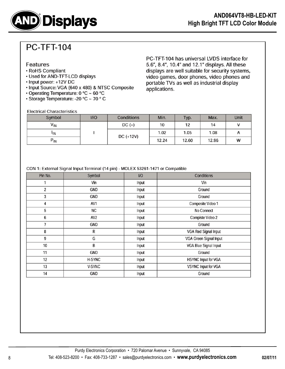 Displays | Purdy AND064VT8-HB-LED-KIT User Manual | Page 8 / 11
