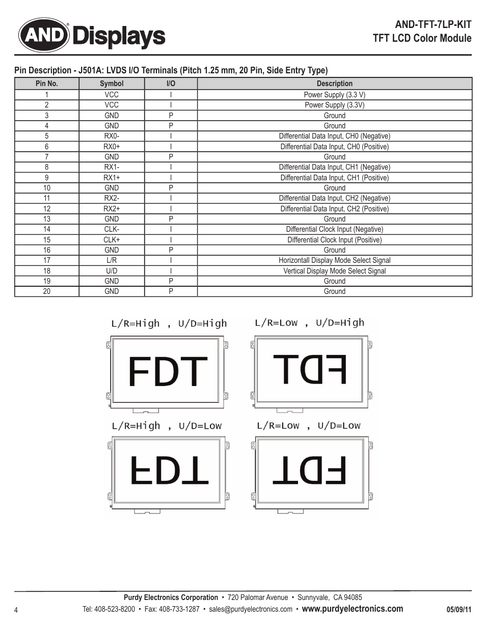 Displays, And-tft-7lp-kit tft lcd color module | Purdy AND-TFT-7LP-KIT User Manual | Page 4 / 6