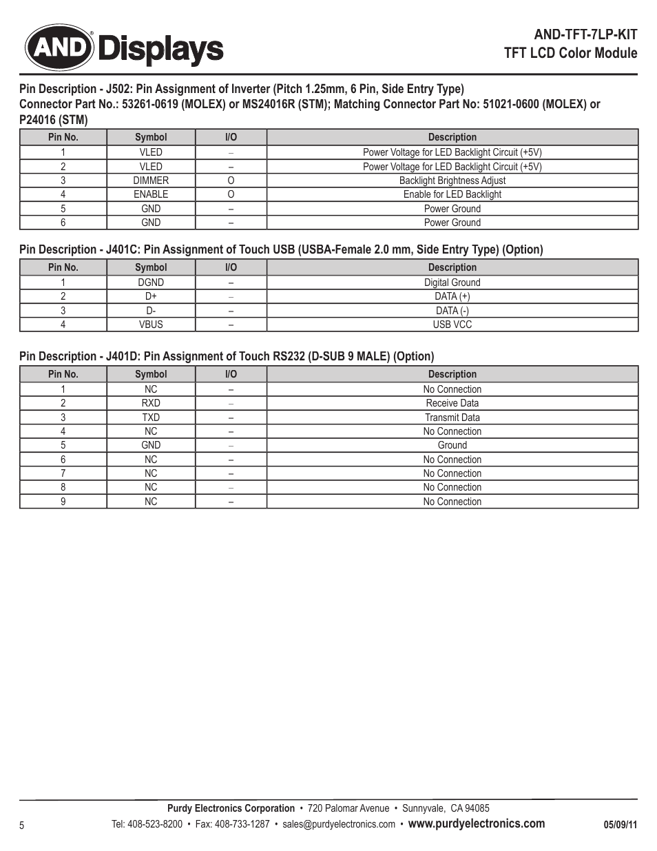 Displays, And-tft-7lp-kit tft lcd color module | Purdy AND-TFT-7LP-KIT User Manual | Page 5 / 6