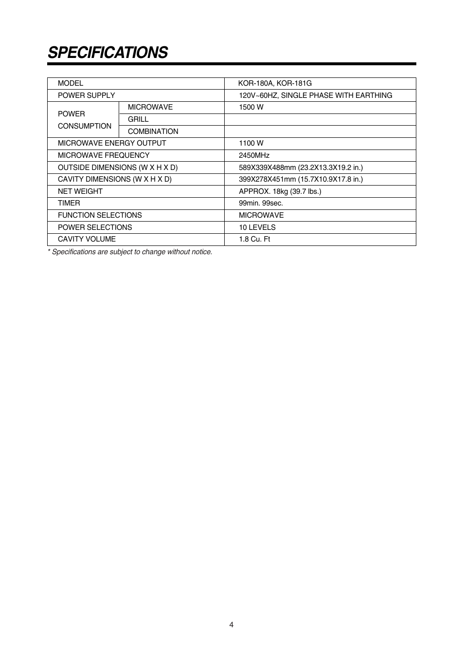 Specifications | Daewoo KOR-180A0A User Manual | Page 4 / 35