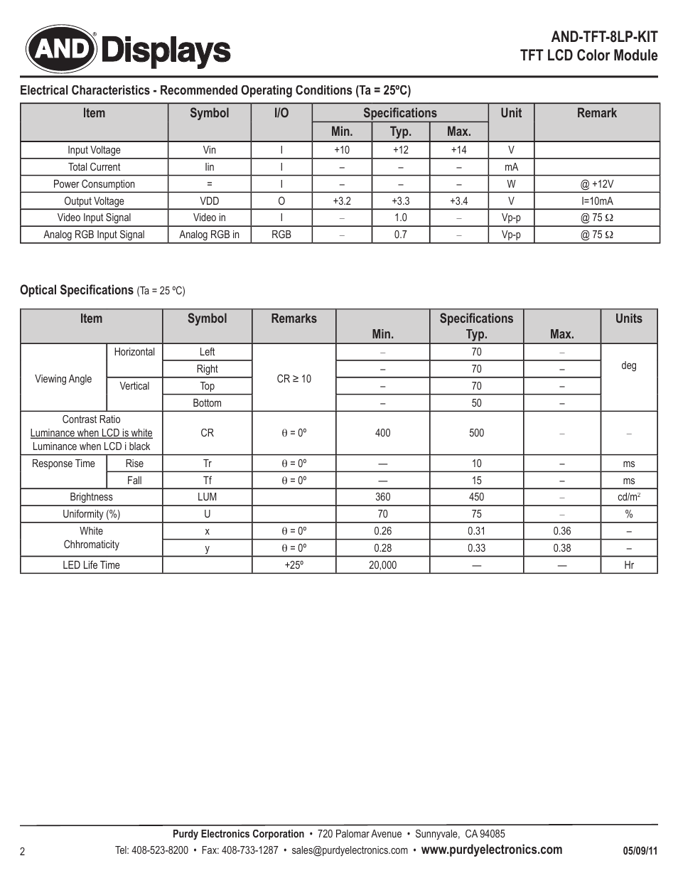 Displays, And-tft-8lp-kit tft lcd color module | Purdy AND-TFT-8LP-KIT User Manual | Page 2 / 6