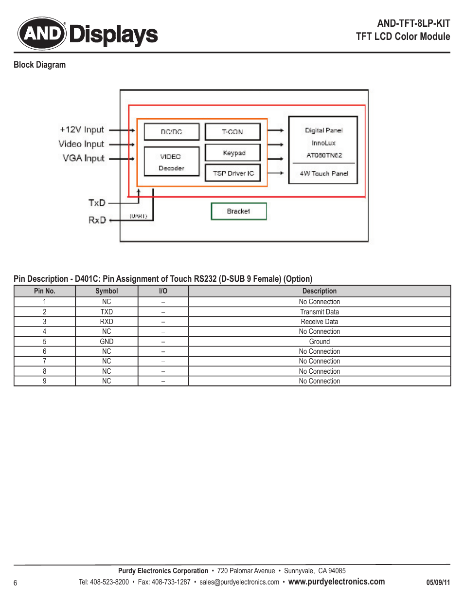 Displays, And-tft-8lp-kit tft lcd color module | Purdy AND-TFT-8LP-KIT User Manual | Page 6 / 6