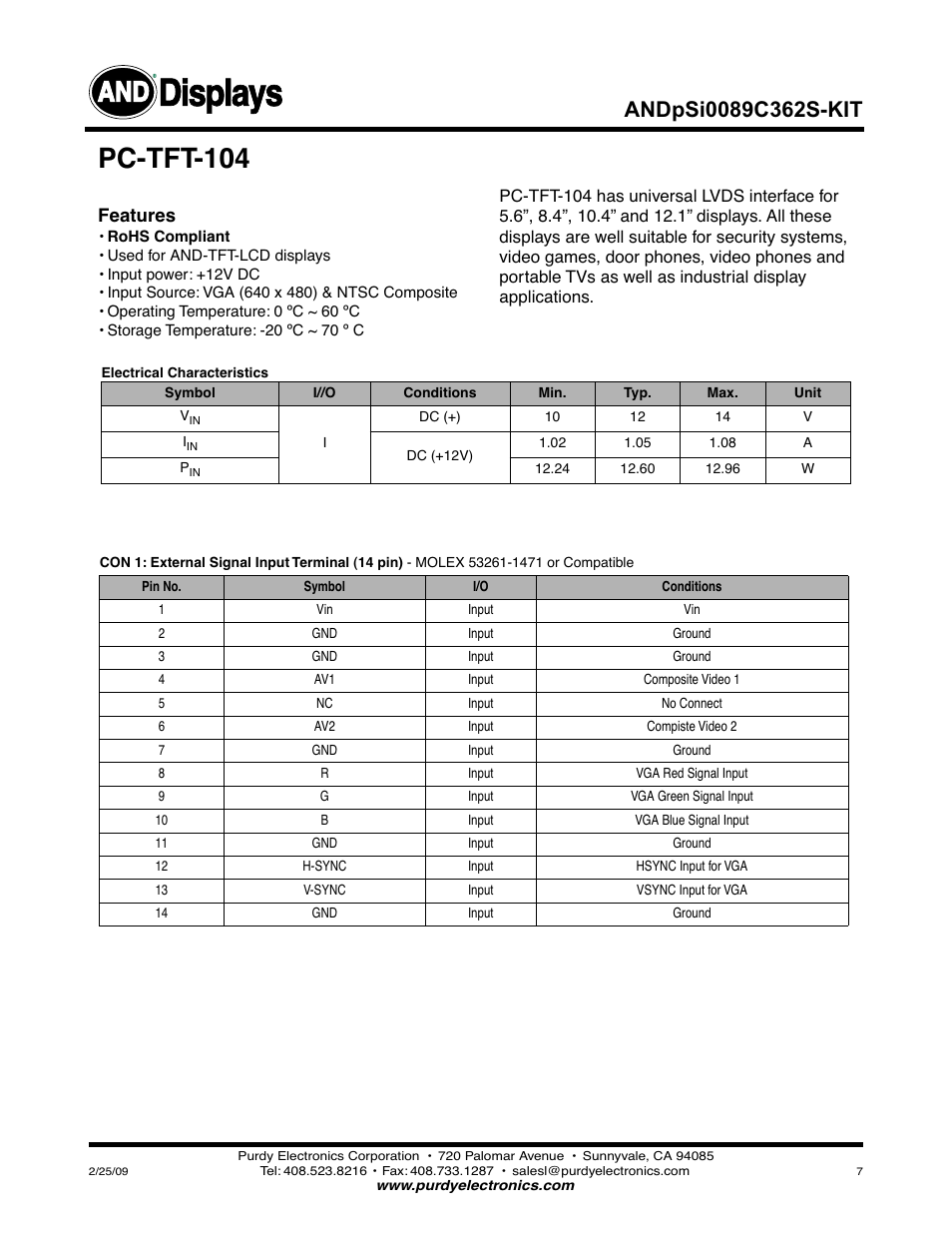 Displays, Pc-tft-104, Features | Purdy ANDpSi089C362S-KIT User Manual | Page 7 / 10