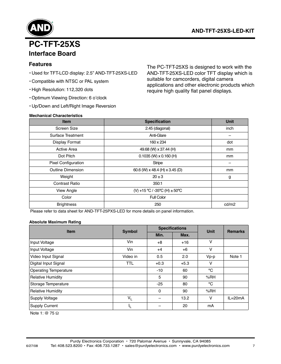 Pc-tft-25xs, Interface board, Features | And-tft-25xs-led-kit | Purdy AND-TFT-25XS-LED-KIT User Manual | Page 7 / 11