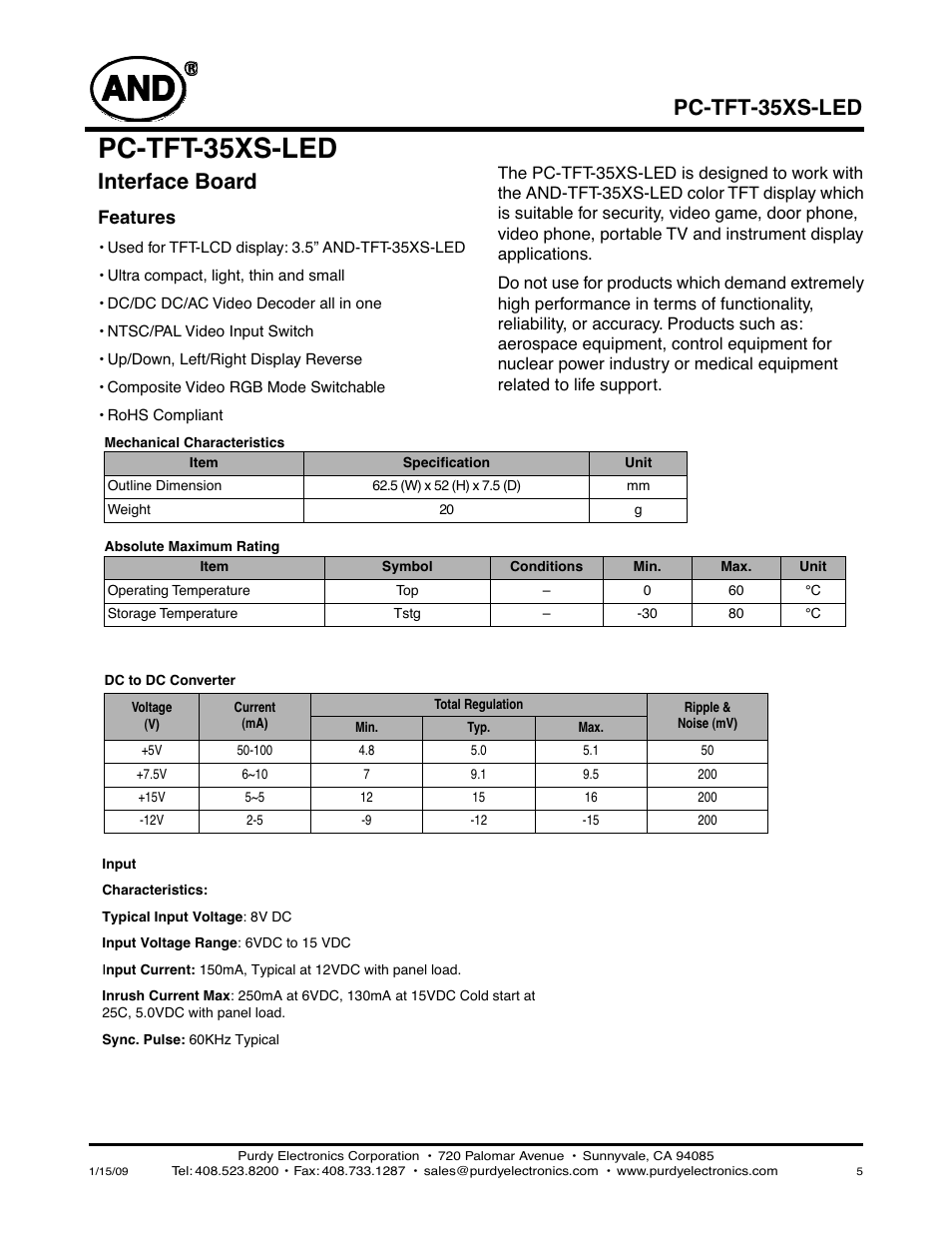 Pc-tft-35xs-led, Interface board, Features | Purdy AND-TFT-35XS-LED-KIT User Manual | Page 5 / 8