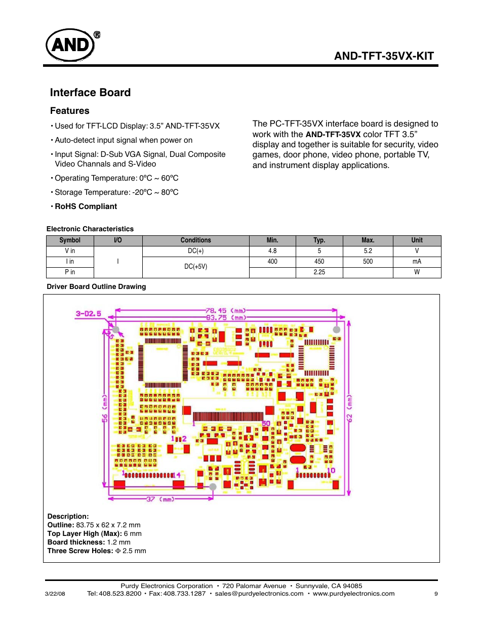 Interface board, And-tft-35vx-kit, Features | Purdy AND-TFT-35VX-KIT User Manual | Page 9 / 13