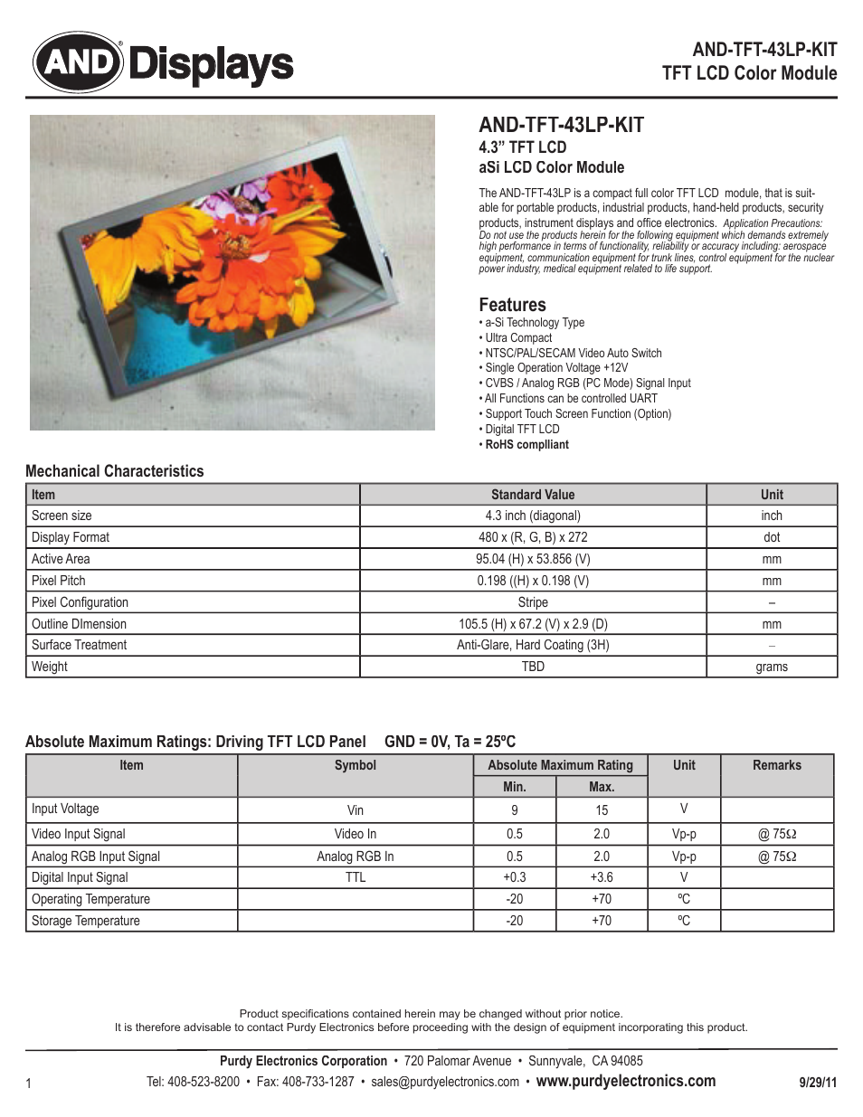 Purdy AND-TFT-43LP-KIT User Manual | 5 pages