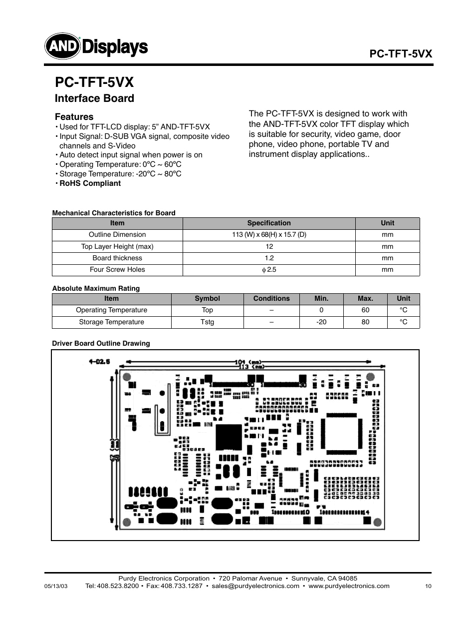 Displays, Pc-tft-5vx, Interface board | Purdy AND-TFT-5VX-KIT User Manual | Page 10 / 11