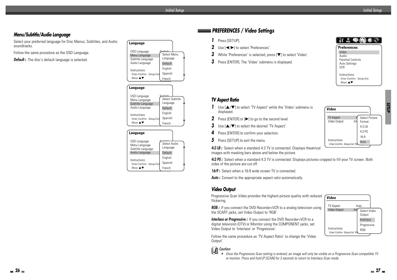 Preferences / video settings, Tv aspect ratio 1, Video output | Menu/subtitle/audio language | Daewoo DF-8100P User Manual | Page 15 / 35