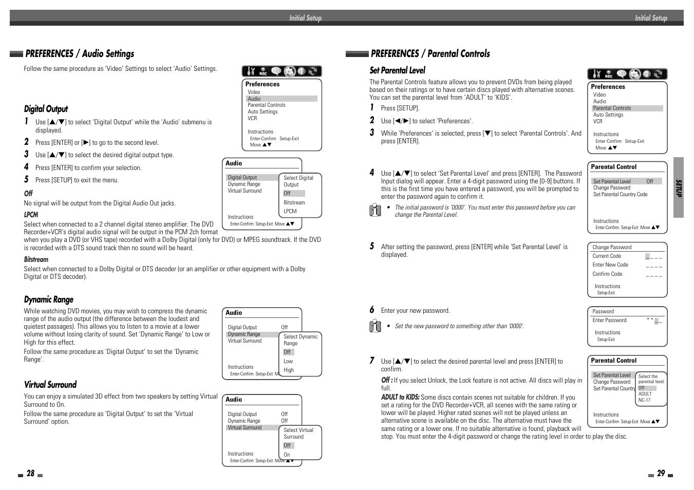 Preferences / audio settings, Preferences / parental controls, Virtual surround | Digital output 1, Dynamic range, Set parental level | Daewoo DF-8100P User Manual | Page 16 / 35