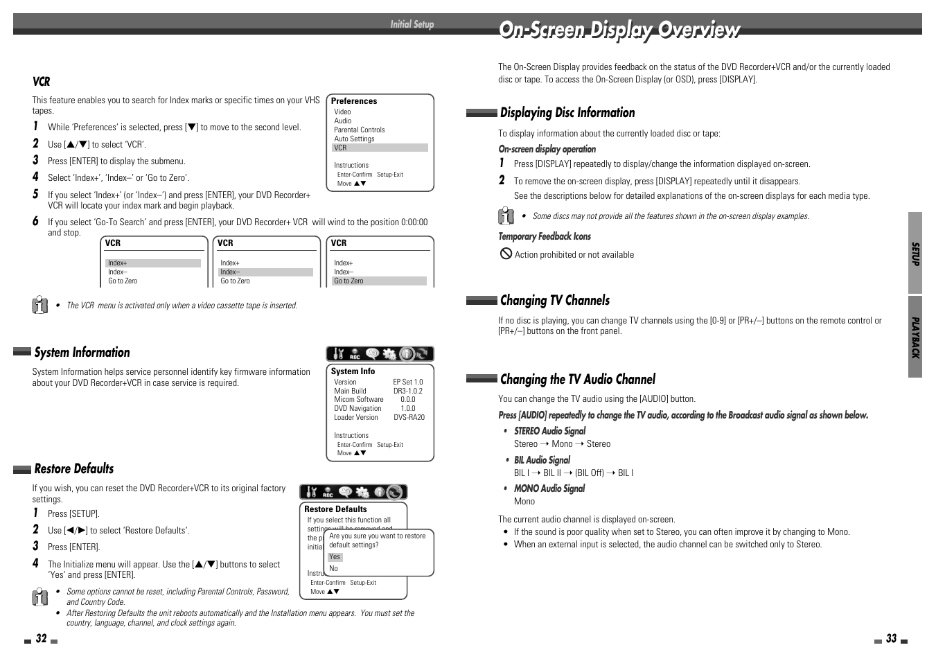 On-screen display overview, Changing the tv audio channel, Displaying disc information changing tv channels | System information, Restore defaults | Daewoo DF-8100P User Manual | Page 18 / 35