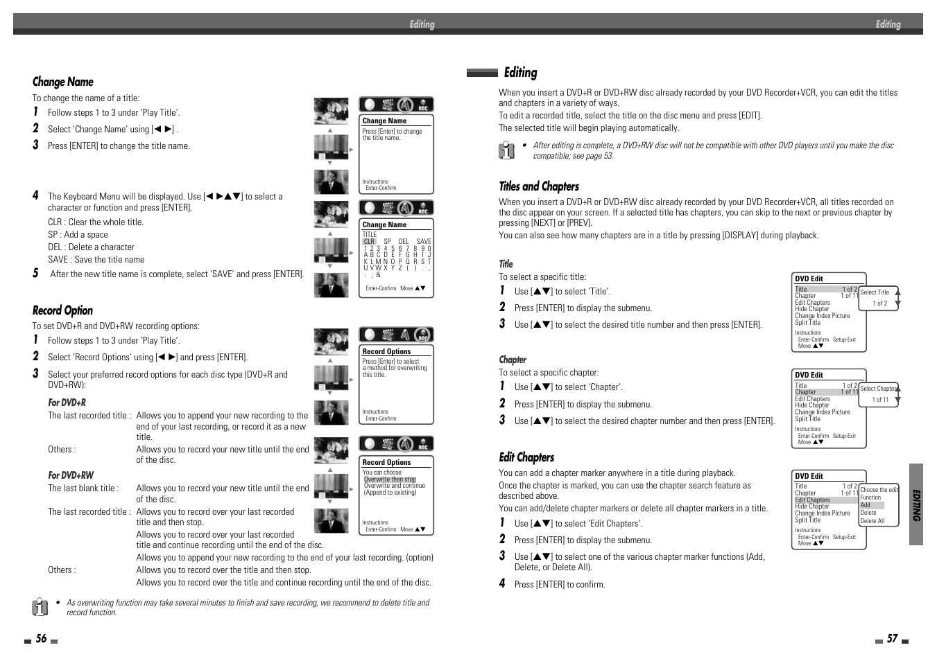 Editing, Titles and chapters, Edit chapters | Change name, Record option | Daewoo DF-8100P User Manual | Page 30 / 35