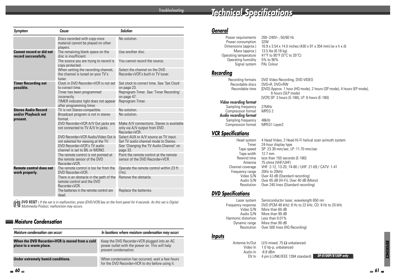 Technical specifications, General, Recording | Vcr specifications, Dvd specifications, Inputs, Moisture condensation | Daewoo DF-8100P User Manual | Page 32 / 35