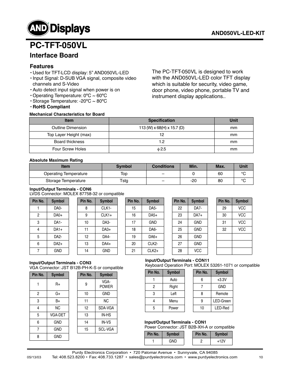 Displays, Pc-tft-050vl, Interface board | And050vl-led-kit, Features | Purdy AND050VL-LED-KIT User Manual | Page 10 / 12