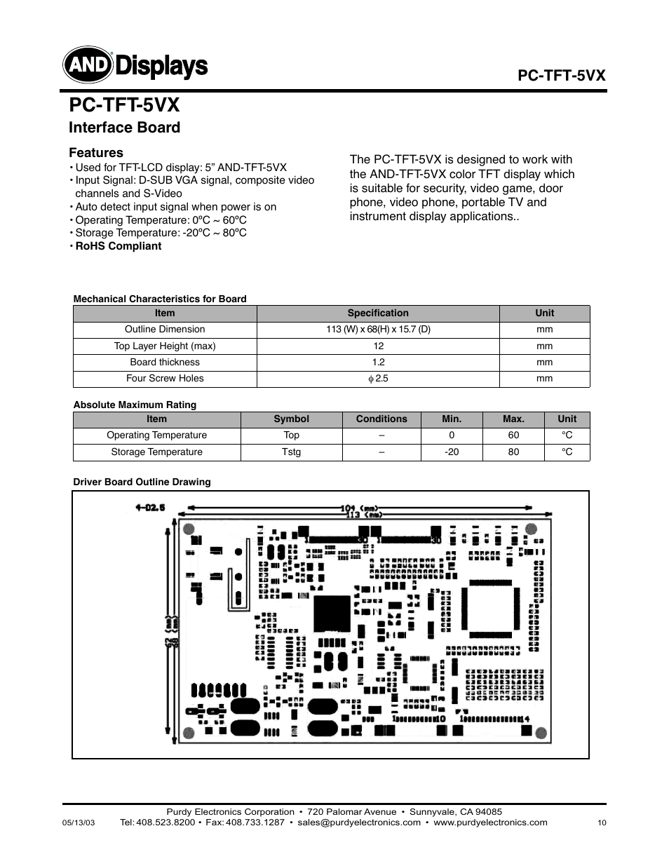 Displays, Pc-tft-5vx, Interface board | Purdy AND-TFT-5VX-4HB-KIT User Manual | Page 10 / 12